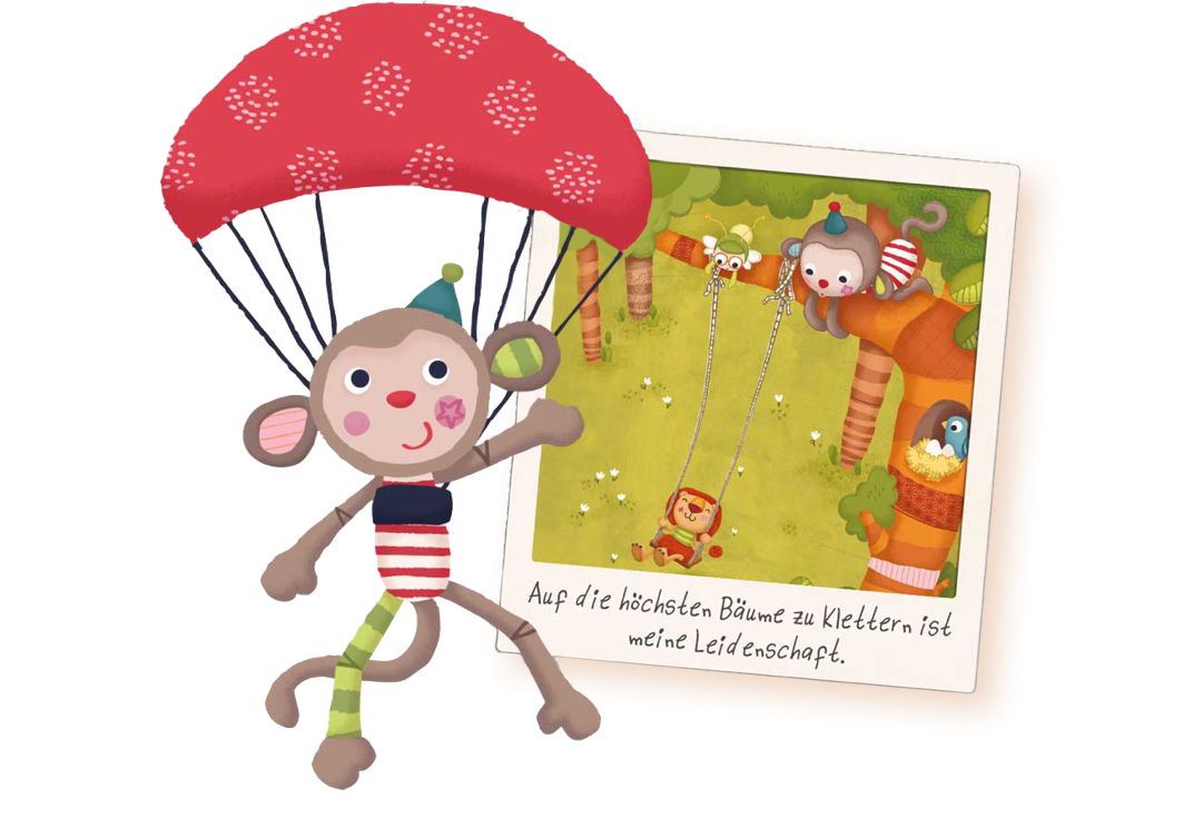 Monkey character with the picture of him and his friends