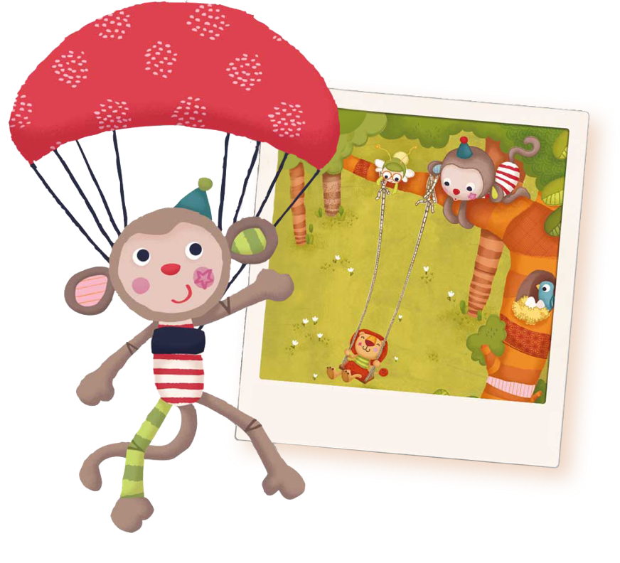 Monkey character with the picture of him and his friends